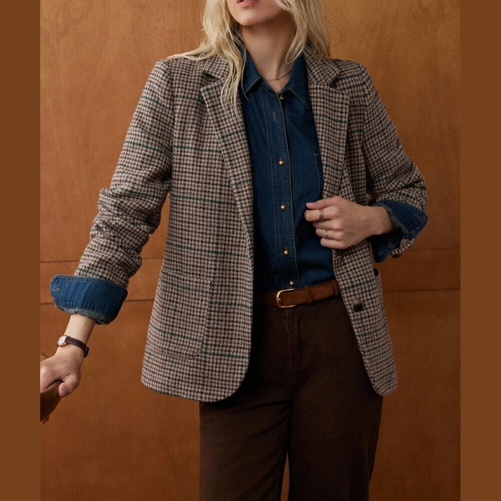 Brown Houndstooth Plaid Notch Lapel Regular Fit Blazer